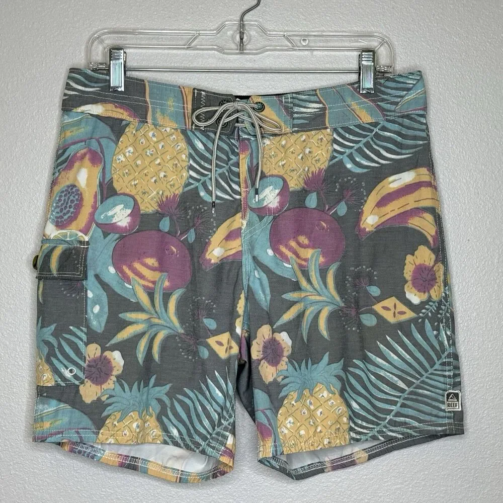 Reef Mens Swim Board Shorts Sz 32 Gray Muted Hawaiian Pineapple Print 7